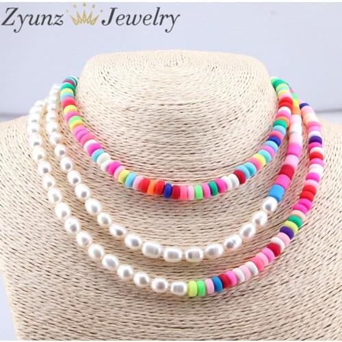 5PCS, Multicolor Polymer Clay Beaded With Irregular Baroque Pearl Necklace For Womens Fashion Asymmetry Choker Necklace