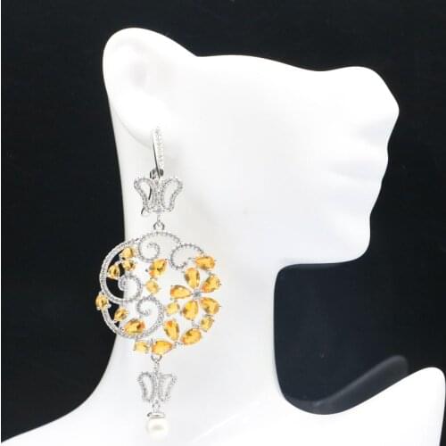 31x16mm Luxury Created Green Peridot Pink Tourmaline Bright Zircon For Ladies Silver Earrings