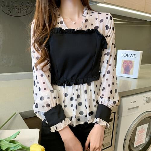 Polka Dot Chiffon Blouses Women 2021 Spring New Sweet Ruffles Blouse Spliced Shirt Long Sleeve V-Neck Blusas Ladies Tops 10540