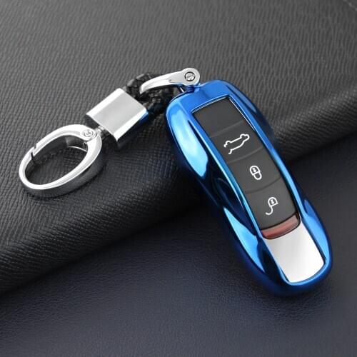 For Porsche Cayenne Panamera Macan 911 718 Boxster Cayman Car Key Fob Chain Case Cover Holder Ring Keychain Accessories Blue