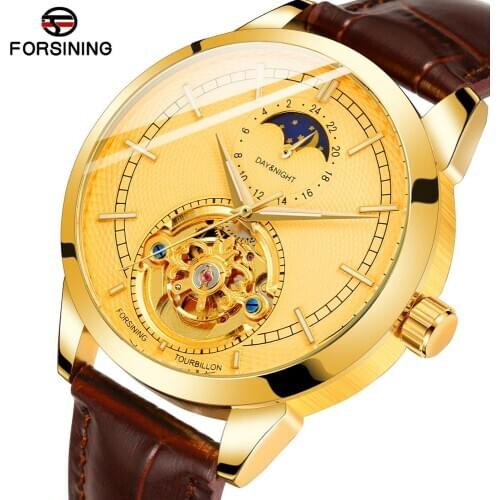 Forsining Mens Latest Style Mechanical Automatic Movement Moon Phase Analog Tourbillon Dial Watch with Leather Strap FSG8197M3