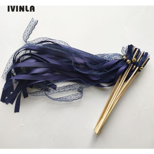 Hot 50pcs/lot blue Lace Wedding Ribbon Wands and big Bells for wedding decoration
