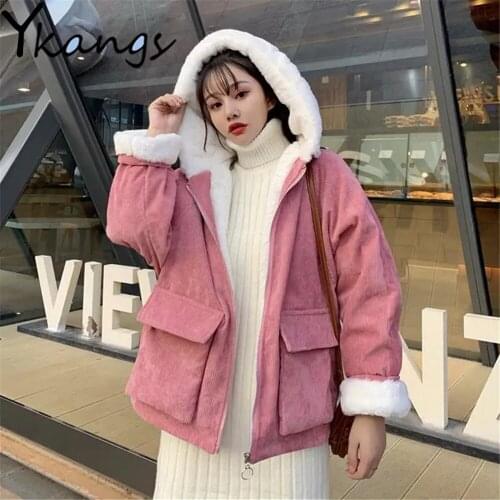 Kawaii Hooded Corduroy Jacket Korean Loose Sweet Plus Velvet Long Sleeve Student Parka Autumn Winter New Pink Women Cotton Coat