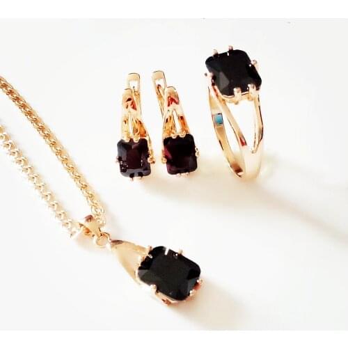 New Rose 585 Gold Color Jewelry Set Fashion Wedding Jewelry Women Black Square Cubic Zircon Earring +Ring+Necklace Jewelry Sets