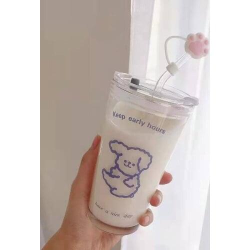 450ml Korean Glass Water Bottle Cartoon Puppy Travel Glass Mug with Straw Heat-resistant Coffee Mug Breakfast Milk Mug Juice Cup
