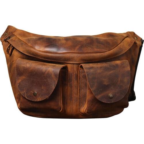 Crazy Horse Leather Waist Packs for Men Fanny Pack Belt Bag Phone Pouch Bags Large Travel Waist Bag Crossbody Shoulder Bag