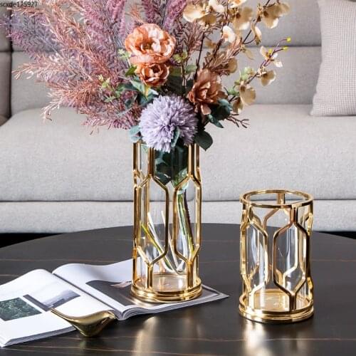 Creative Metal Glass Vase Geometric Golden Hydroponic Vase Flower Arrangement Dried Flower Living Room Countertop Decoration