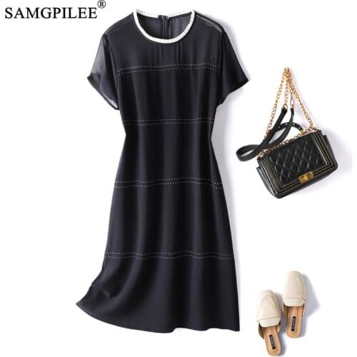 Summer Dress 2021 New Fashion Hollow Shoulder Stitching Bright Line Decoration O Neck Knee Length Thin Drape Dresses Plus Size