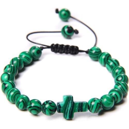 Trendy Jesus Cross Charm Green Malachite Men Braided Bracelet White Turquoises Stone 8mm Beaded Bracelets for Women Yoga Jewelry