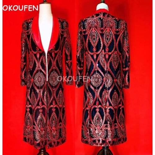Nightclub bar male singer DJ red totem embroidery long coat costumes Party show stage performance jacket