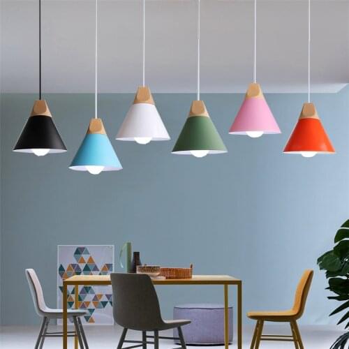 Nordic Bar Wood Pendant Lights Multicolor Aluminum Cone Lampshade Pendant Lamp for Dining Room Home Pendant Lighting Fixture