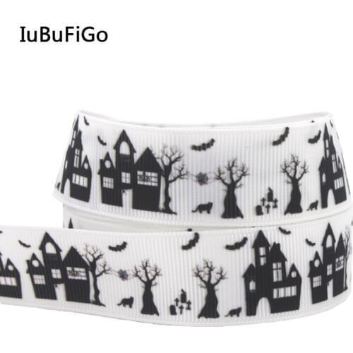 [IuBuFigo] New 7/8" Halloween Pinted Grosgrain ribbon Hair bow DIY handmade 22mm Black ribbons 50 yards