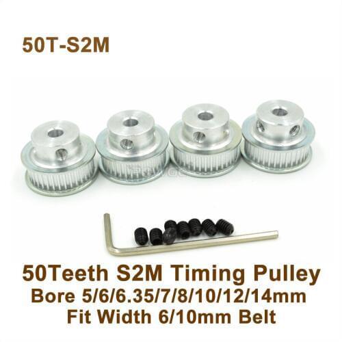POWGE 50 Teeth S2M Timing Pulley Bore 5-14mm Fit W=6/10mm STD2M Synchronous Belt 50T 50Teeth STD2M Timing Belt Pulley 50-S2M