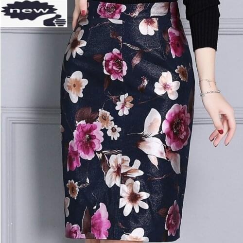 Luxury Quality Sheepskin Womens Floral Printing Wrap High Waist Knee Length Real Leather Ladies Skirts Plus Size 4XL