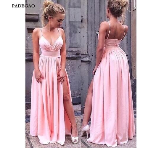 Pink Evening Dresses Long V-Neck Party Dress A-Line Stain Spaghetti Strap Side Split Evening Dress Custom Made