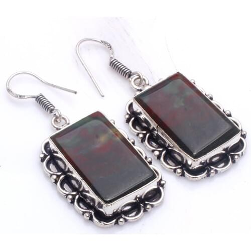 Genuine Bloodstone Silver Overlay on Copper Earrings , Hand made Women Jewelry Gift, E5837