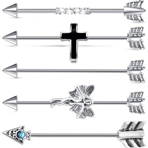 5Pcs Industrial Barbell Stainless Steel 38mm Industrial Piercing with 5 Style Arrow Cross Heart Ear Cartilage Helix Piercing
