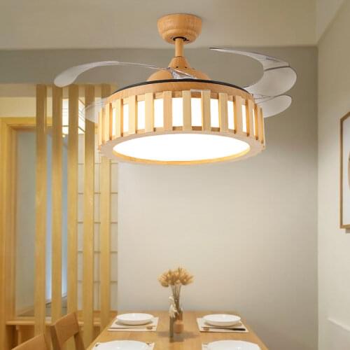 LED Ceiling Fan Light Invisible Silent Fan Light European Style Bedroom Solid Wood Ceiling Fan with Lights Remote Control