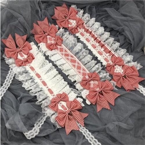 Sweet White Lolita Lace Red Plaid Bow Headband Women Copslay Strawberry Hair Pin Headdress B1807