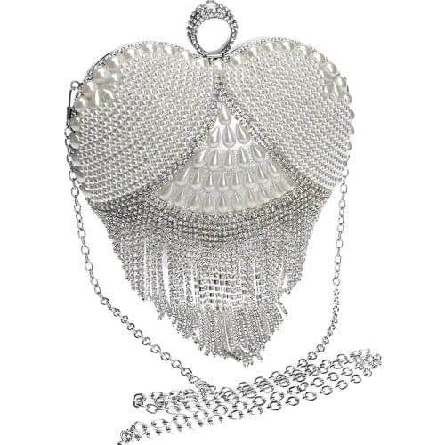 Heart Tassel Rhinestones Women Evening Bags Imitation Pearl Ladys Handle Evening Bag Finger Ring Diamonds small Clutches X800H