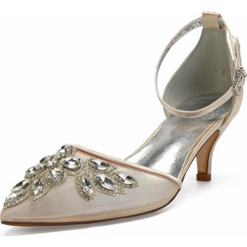 Pointed toe lady see through mesh satin evening dress shoes with crystal applique ankle strap lower heels bridal wedding pumps