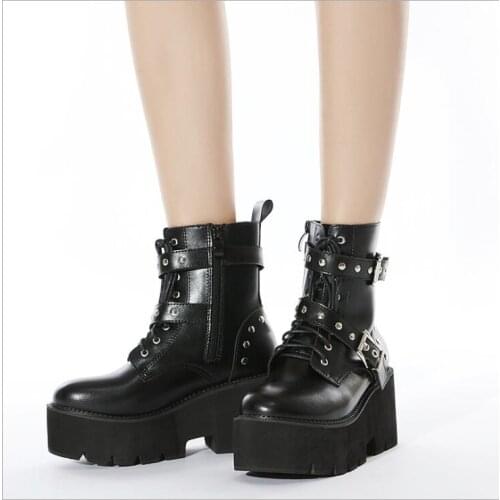 New Sexy Lace Up Women Leather Autumn Boots Block Heel Gothic Black Punk Style Boots Platform Shoes Female Footwear Large size