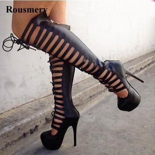 Free Shipping Women Fashion Round Toe Black Leather Over Knee High Platform Boots Sexy Lace-up Cut-out High Heel Gladiator Boots