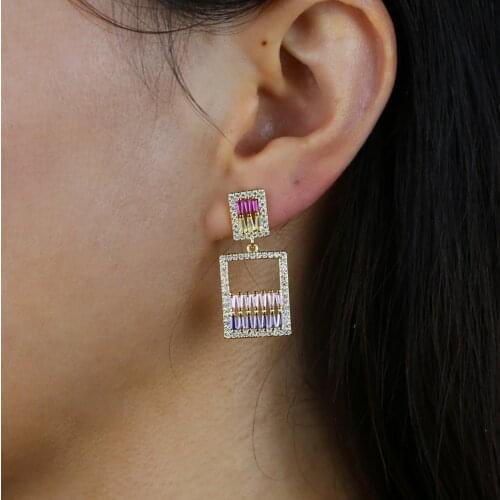 Colorful women dangle earring gold color 5A pastel pink purple baguette cz geometric