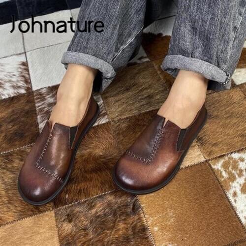 Johnature Flats Women Shoes 2020 New Autumn Genuine Leather Retro Round Toe Mixed Colors Casual Handmade Leisure Ladies Shoes
