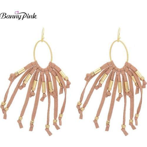 Banny Pink Bohemia Leather Tassel Dangle Earrings For Women Elegant Geo Pendant Drop Earrings Fashion Jewelry Pendientes Bijoux