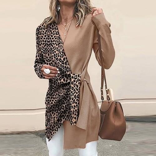 Retro Womens Fashion Temperament V-neck Long-sleeved Leopard Print Contrast Color Stitching Lace-up Office Ladies Blazer