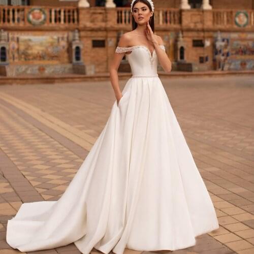 Off the Shoulder Wedding Dresses A Line Formal Sleeveless Bridal Gowns 2021 Backless Vestidos De Novia with Beading Pockets