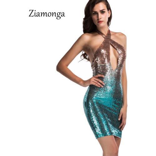 Ziamonga Sexy Sequin Dress 2017 Summer Women Sleeveless Halter Patchwork Back Zipper Bandage Dress Vestidos Robes Womens Dress
