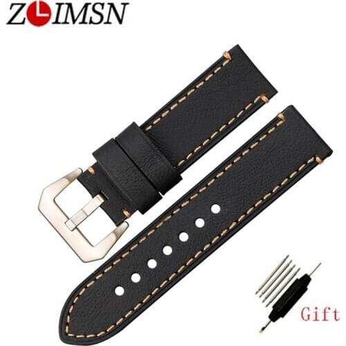 ZLIMSN Hand Stitching Vintage Watchbands Men Genuine Leather 22mm 24mm Calfskin Watch Band Strap Metal Buckle Accessories