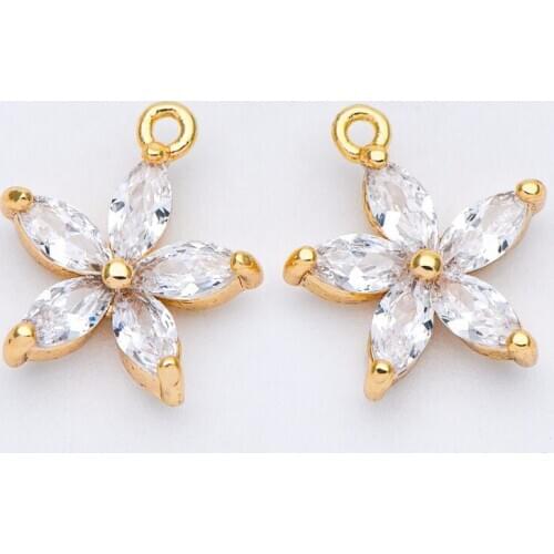 10pcs Gold CZ Flower Charms 10/ 12mm, Real Gold Plated Brass, Cubic Zirconia Flower Pendants (GB-584)