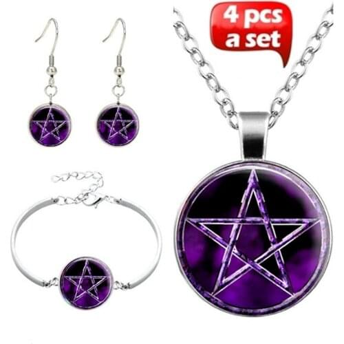 4Pcs/Set Wicca Wicca Pentagram Glass Jewelry Set Fashion Choker Necklace Bracelet Earring Jewelry Set for Women Gift Accessories