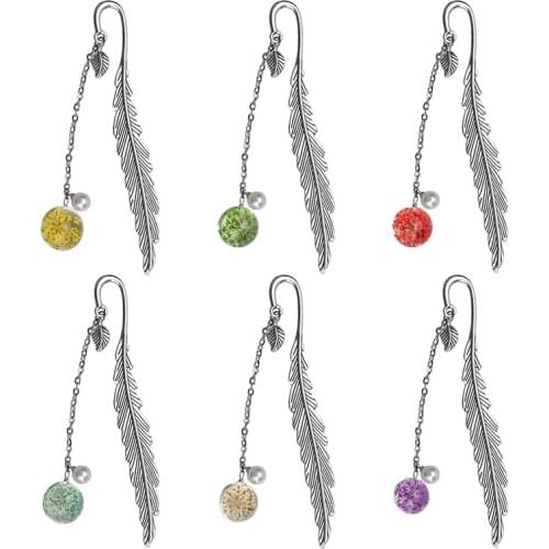6 Pieces Metal Feather Bookmarks with Dry Flower Pearl Pendant Crafts Vintage Creative Book Mark Clip Page Marker