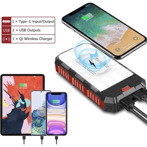 30000mAh Qi Wireless Charger Solar Power Bank with Light For iPhone Xiaomi mi Powerbank Portable Charger Solar Power Poverbank