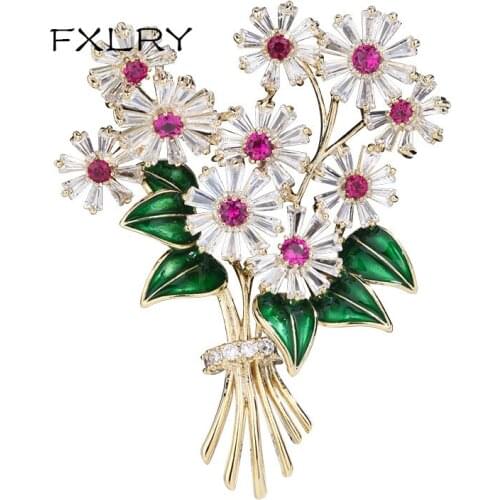 FXLRY High Quality Lovely Flower Brooch Multicolor Crystal Cubic Zirconia Brooch Broach Pin Women Jewelry Accessories