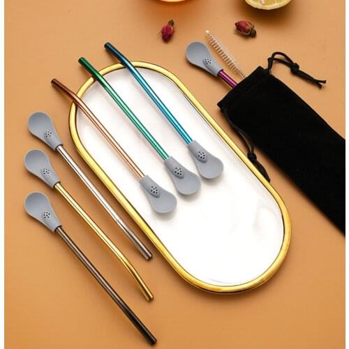 Spoon Tea Filter Yerba Mate Tea Straws Stainless Steel Drinking Straw with Silicone Spoon Reusable Tea Tools Washable Bar Access