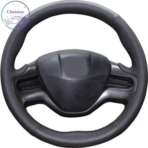 DIY For Honda Civic 8th 2007 2008 2009 2010 2011 Hand Stitch Car Steering Wheel Cover Black Genuine Black Leather Wrap