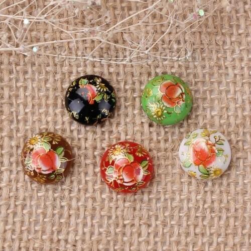 Doreen Box Resin Painting Vintage Tensha Dome Seals Cabochon Round Colorful Rose Flower Pattern 12mm( 4/8") Dia, 10 PCs
