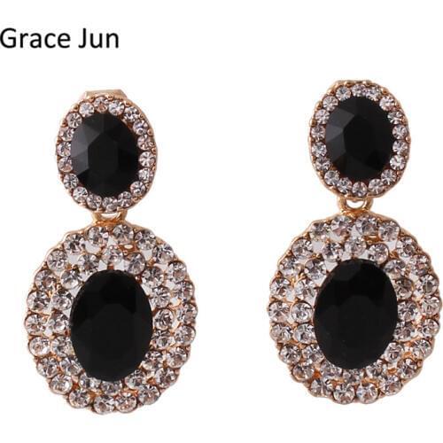 Grace Jun Top Quality Rhinestone Crystal Double Oval Shape Clip on Earrings Non Piercing for Women Party Large Earrings New