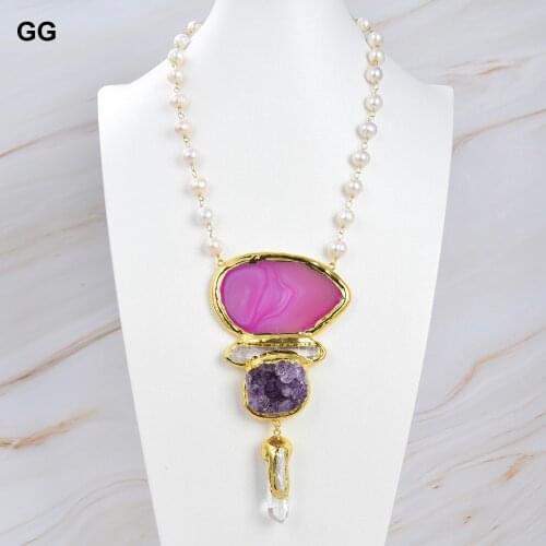GuaiGuai Jewelry White Pearl Rosary Chain Necklace Red Rose Agate Slice Amethyst Quartz Point Pendant 20"