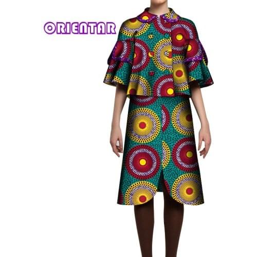 Two Piece Set Women African Tops and Calf-Length Skirt Set African Print Female Outwear Elegant Office African Suits WY6538