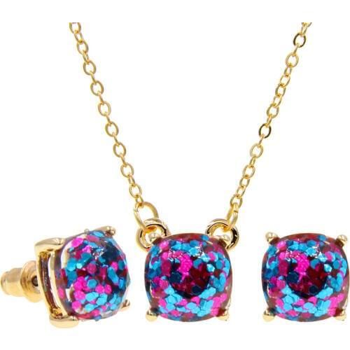 YJX030 Wholesale 6 Set Lot Cute Mini Iridescent Druzy Drusy Pendant Necklace With Matching Stud Earring Hot Fashion Jewelry Sets