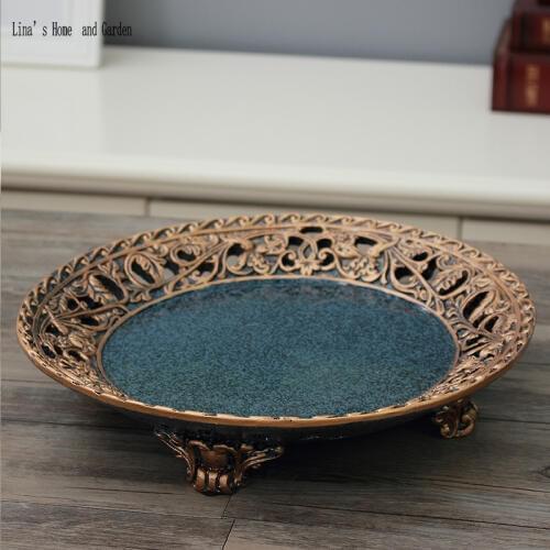 Royal style decorative carved resin round antique fruit plate