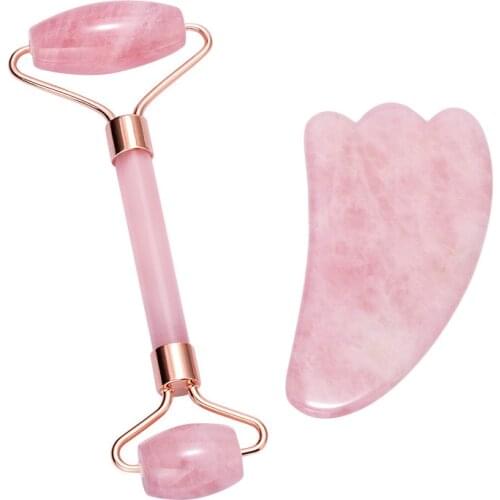 Quartz Face Roller Gua Sha Scrpaer Set 2 in 1 Pink Facial Skin Slimming Body Massage Tool