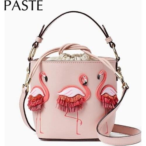 Flamingo Embroidery Design Lovely Pink Bucket Bag Small Pu Leather Womens Shoulder Bag Cute Girl Crossbody Bag Daily Handbag