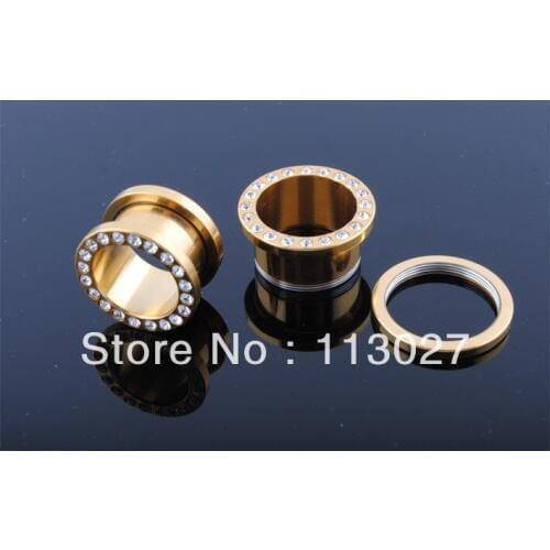 Min. order $10) Clear Gem Paved Steel Gold Anodized Ear Tunnel 1.6mm-8mm Tunnel Piercing Free Shipping